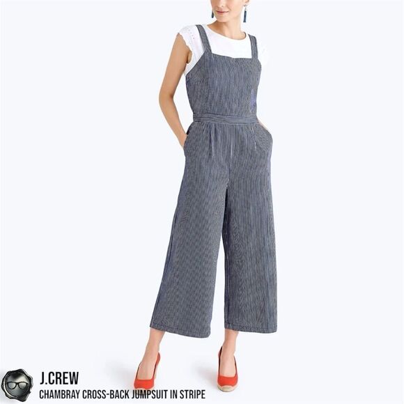 J.CREW CHAMBRAY CROSS-BACK OVERALL JUMPSUIT IN INDIGO RAILROAD STRIPE WIDE LEG - Picture 12 of 12